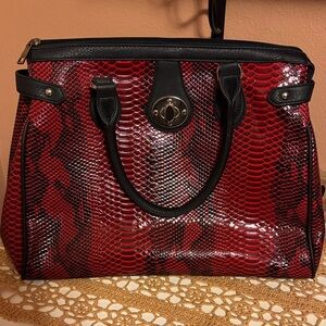 Red Faux Snakeskin Satchel Handbag - Unbranded